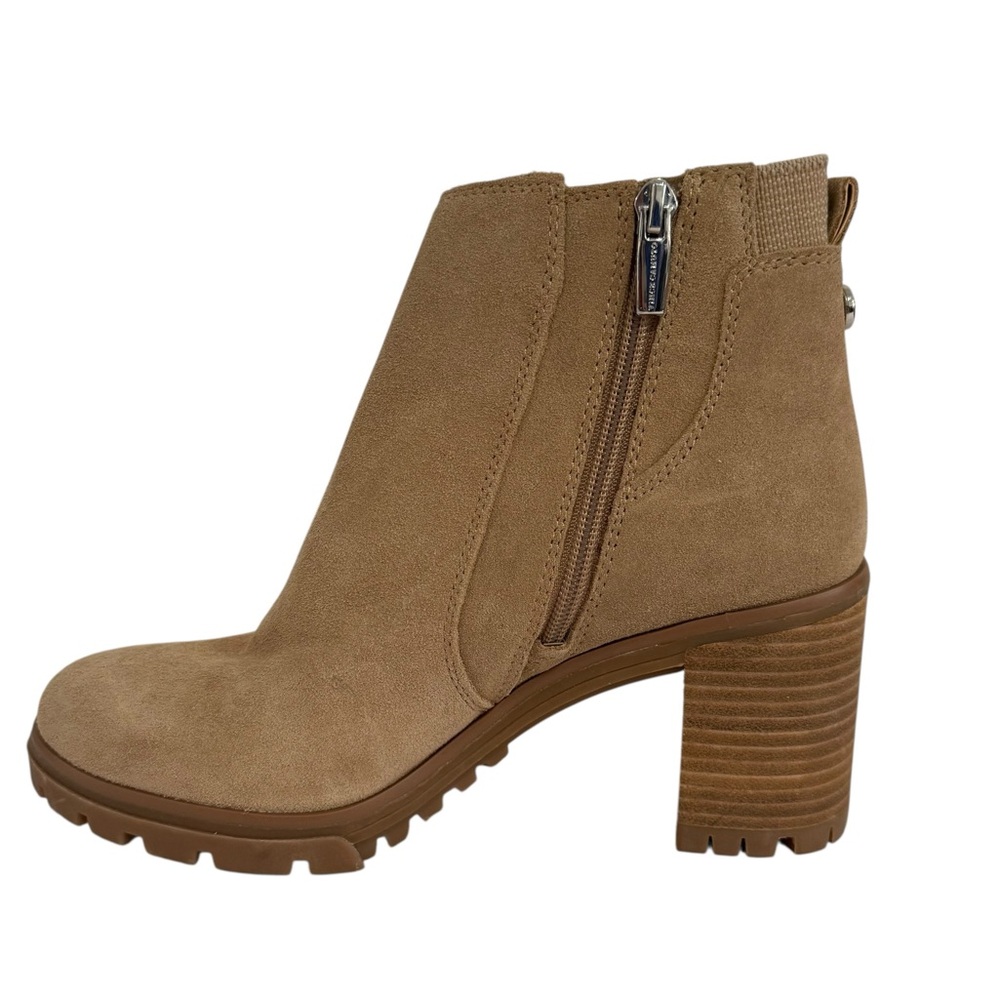 Vince Camuto 8.5 Tan Suede Chunky Heel Ankle Boots Side Zip Lug Sole